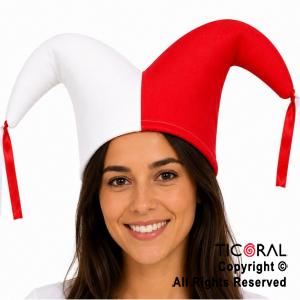 SOMBRERO BUFON DOS PUNTAS EQUIPO ROJO Y BLANCO JERSEY x 10 UNIDADES